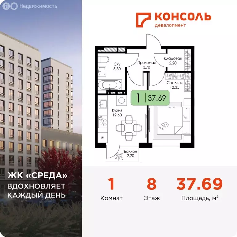 1-комнатная квартира: Смоленск, ЖК Среда (37.69 м) - Фото 0