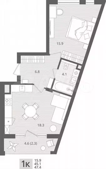 1-к. квартира, 47,4м, 1/7эт. - Фото 1