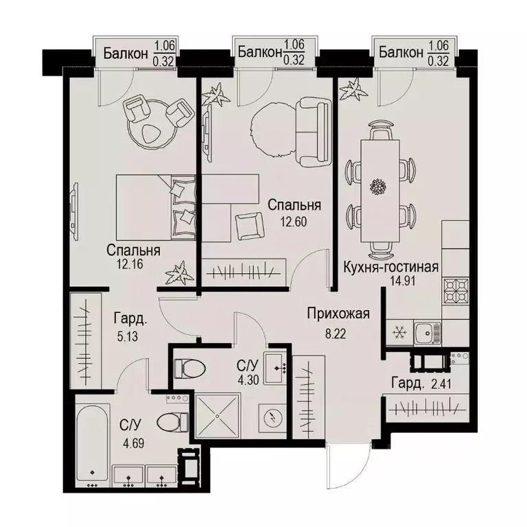 Квартира, 2 комнаты, 65.38 м - Фото 0