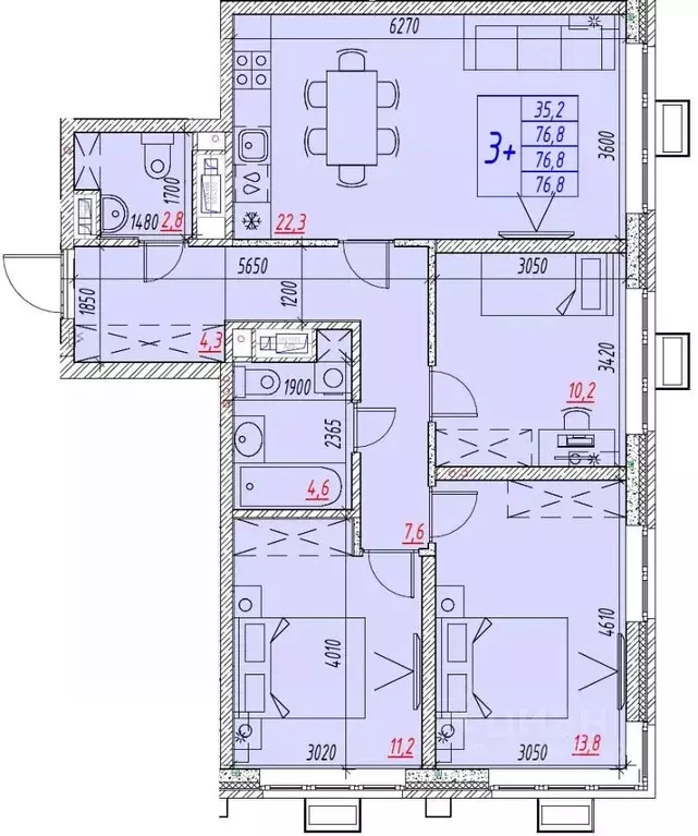 4-к кв. Астраханская область, Астрахань ул. Бэра, 29 (76.8 м) - Фото 1