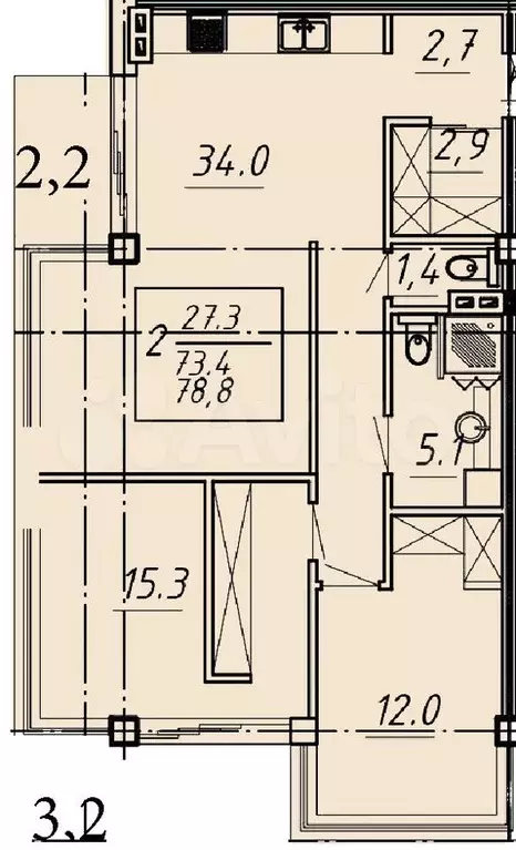 2-к. квартира, 78,8 м, 5/8 эт. - Фото 0