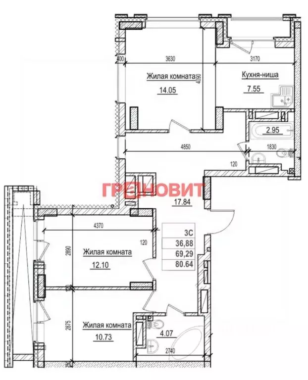 3-к кв. Новосибирская область, Новосибирск Фабричная ул., 65/4 (69.2 ... - Фото 1