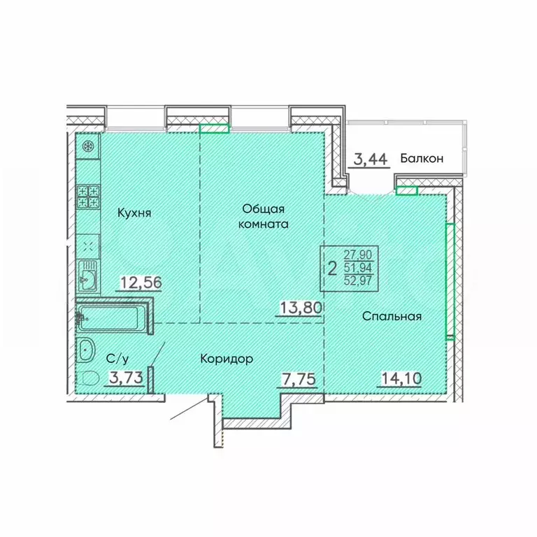 2-к. квартира, 53 м, 5/9 эт. - Фото 0
