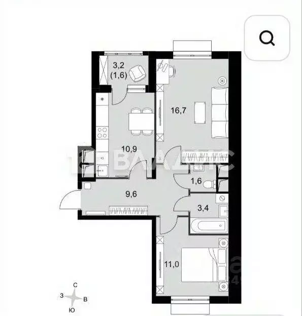 Квартира, 2 комнаты, 54.8 м - Фото 1