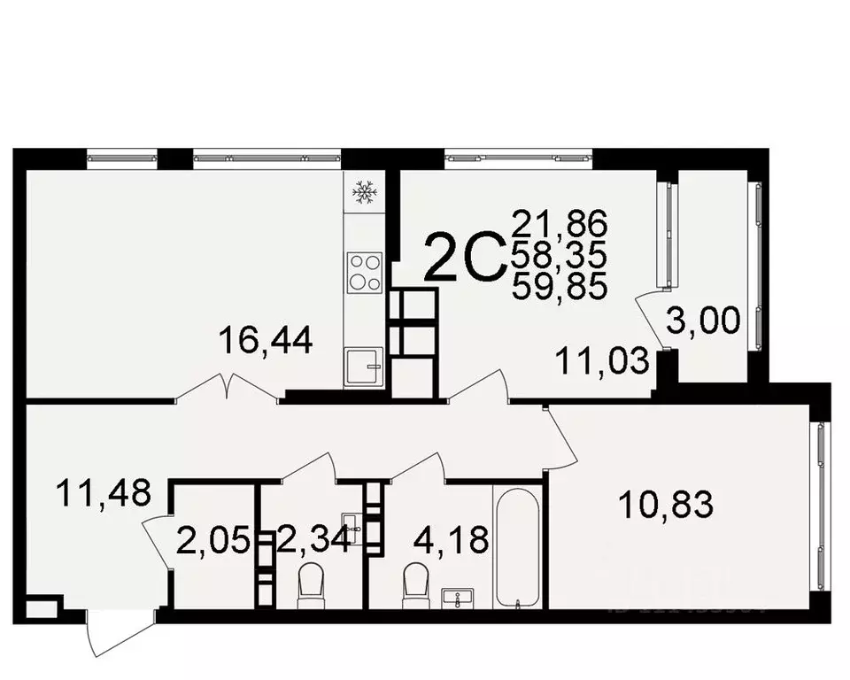 2-к кв. Тульская область, Тула  (58.35 м) - Фото 0