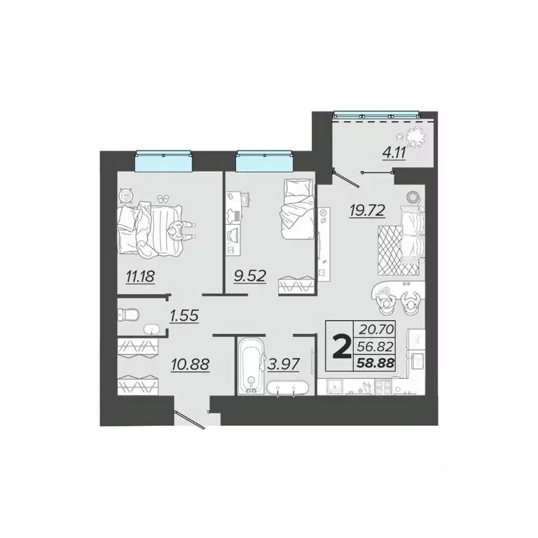 2-к кв. Брянская область, Брянск Архитектор жилой комплекс (58.88 м) - Фото 1