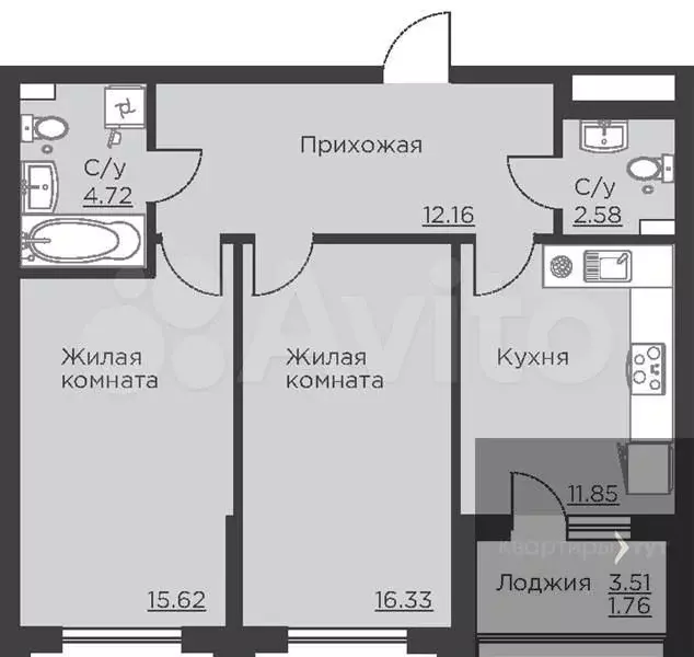 2-к. квартира, 65 м, 2/18 эт. - Фото 0