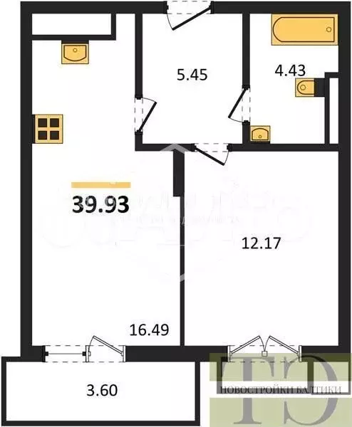 1-к. квартира, 39,9 м, 7/7 эт. - Фото 0