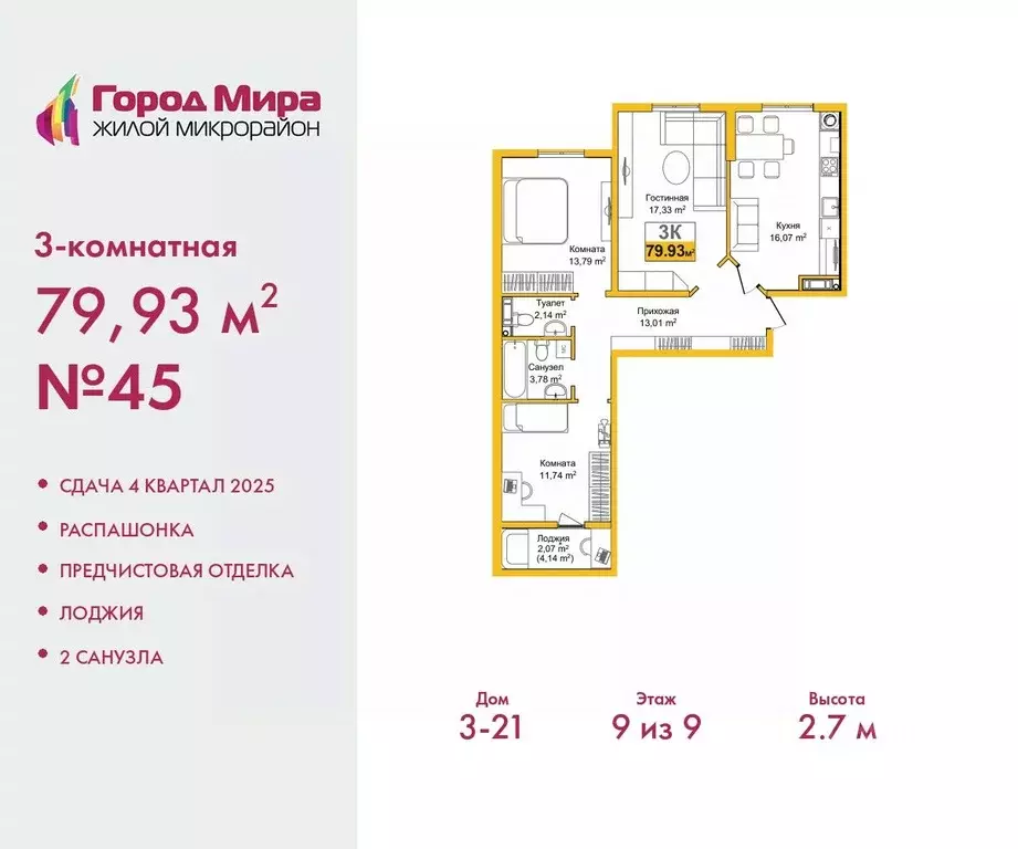 3-к кв. Крым, Симферополь Город Мира жилой комплекс (79.93 м) - Фото 0