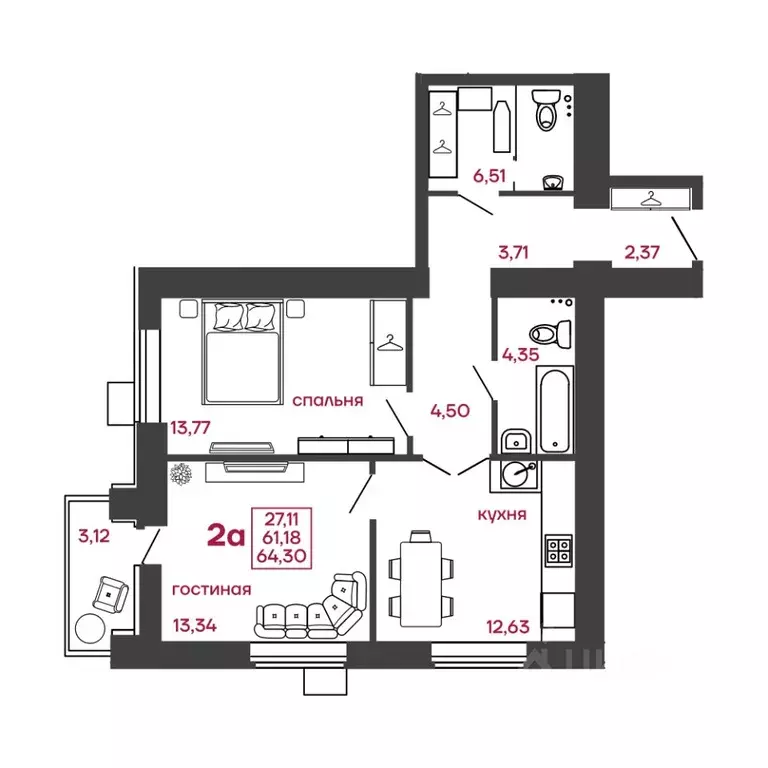 2-к кв. Пензенская область, Пенза ул. Леонова, 4 (64.3 м) - Фото 1