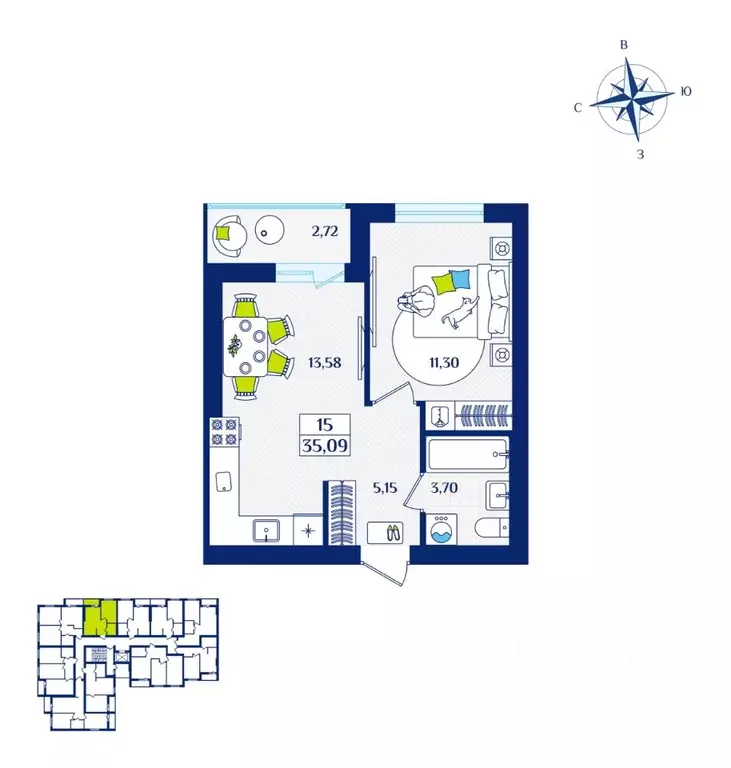 1-к кв. Калининградская область, Зеленоградск  (35.09 м) - Фото 1