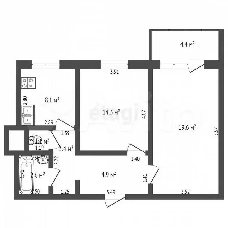 2-к. квартира, 55,7 м, 8/10 эт. - Фото 0