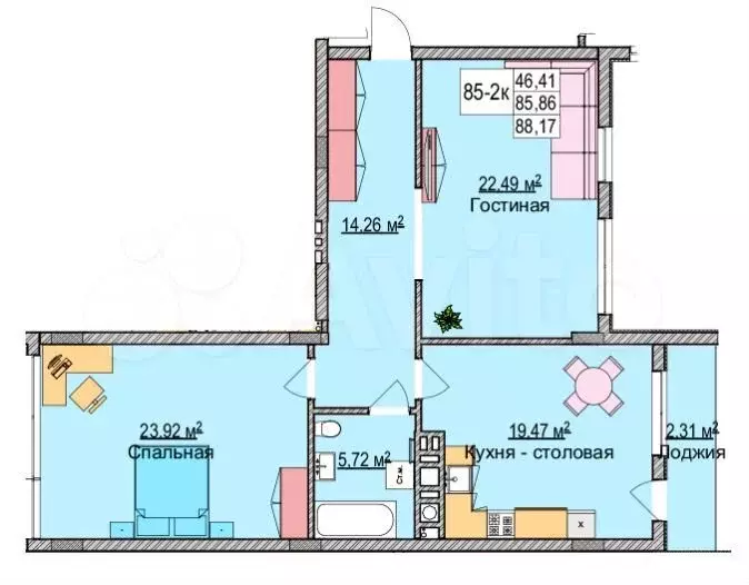 2-к. квартира, 89,5 м, 4/6 эт. - Фото 1