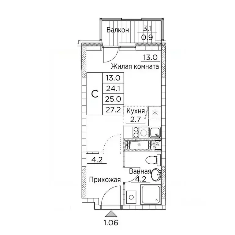 1-к кв. Приморский край, Владивосток ул. Расула Гамзатова, 7к2 (27.2 ... - Фото 1