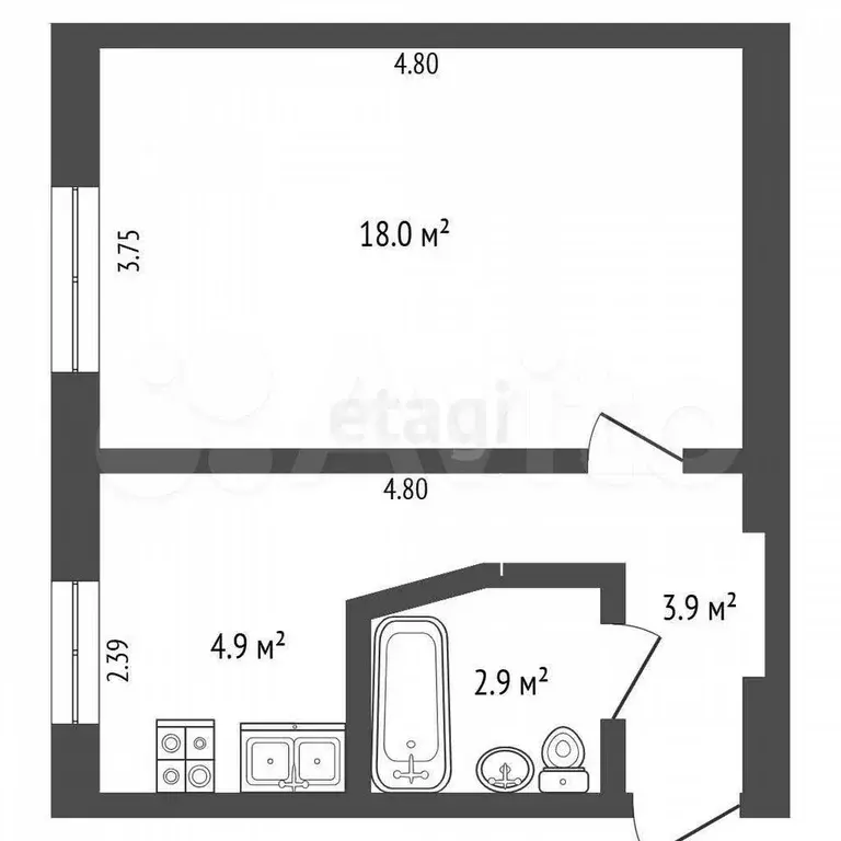 1-к. квартира, 29,7 м, 1/2 эт. - Фото 0
