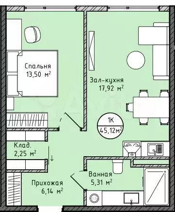 1-к. квартира, 45 м, 6/8 эт. - Фото 0