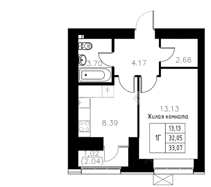 1-к кв. Татарстан, Казань ул. Михаила Миля, 7 (33.07 м) - Фото 2