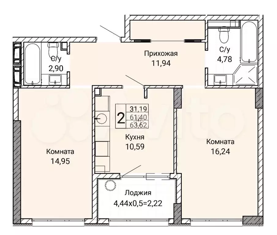 2-к. квартира, 63,6 м, 1/9 эт. - Фото 0