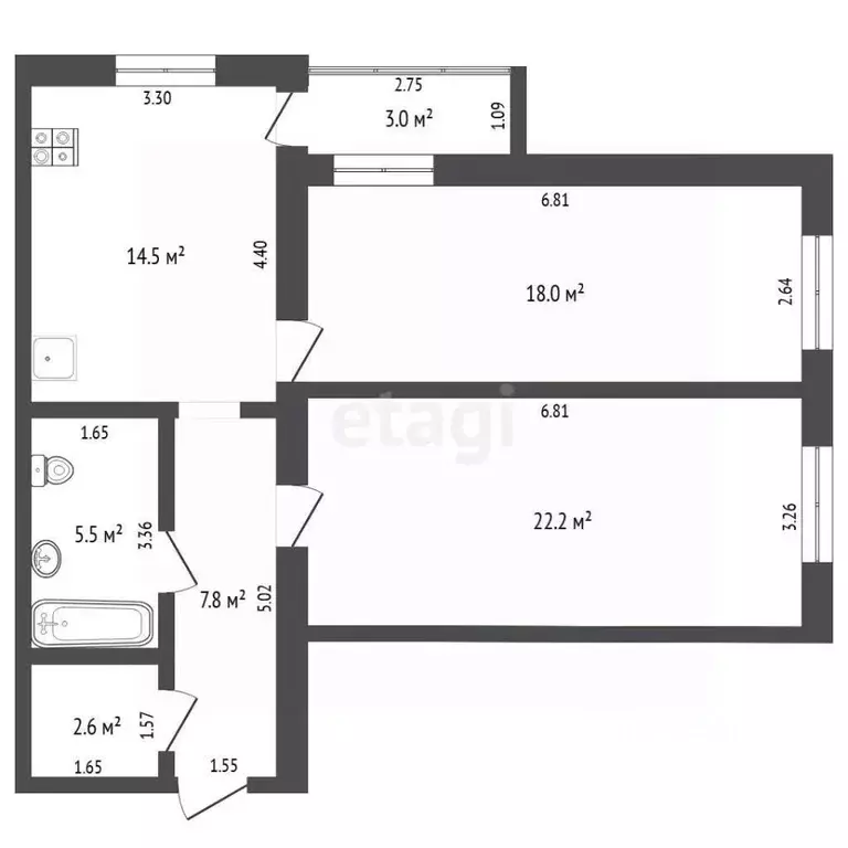 2-к кв. Тюменская область, Тюмень Тарманы мкр, ул. Малышева, 14 (70.6 ... - Фото 2