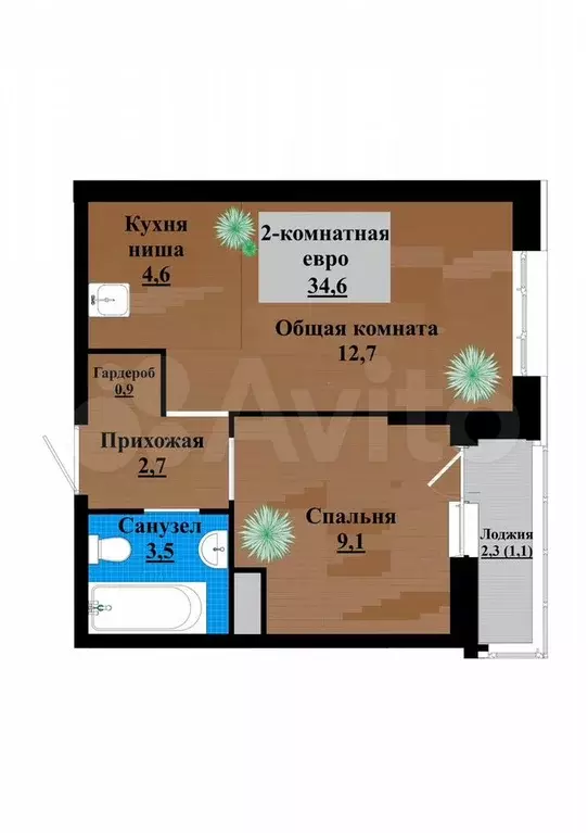 2-к. квартира, 34,6 м, 5/12 эт. - Фото 0