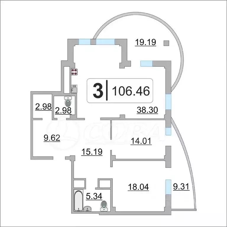 3-к кв. Тюменская область, Тюмень ул. Федюнинского, 64к2 (106.4 м) - Фото 1