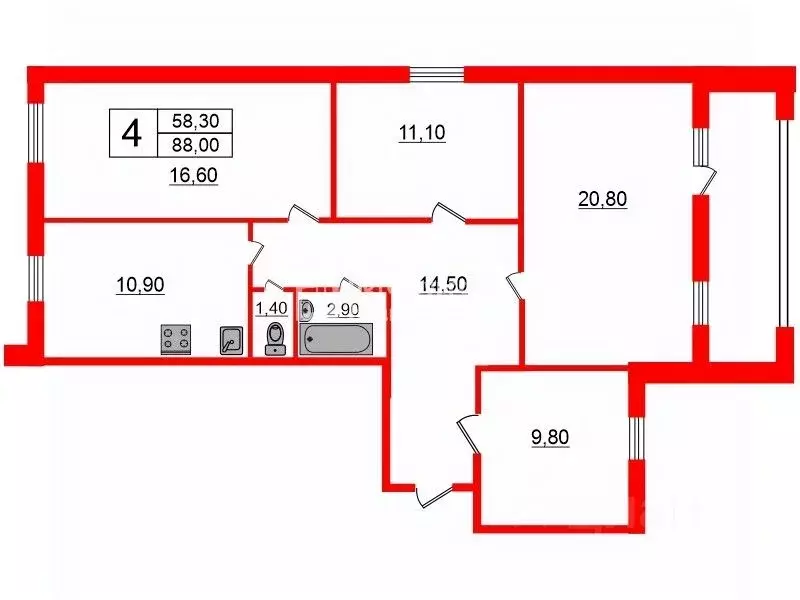 4-к кв. Санкт-Петербург просп. Энгельса, 134к1 (88.0 м) - Фото 1