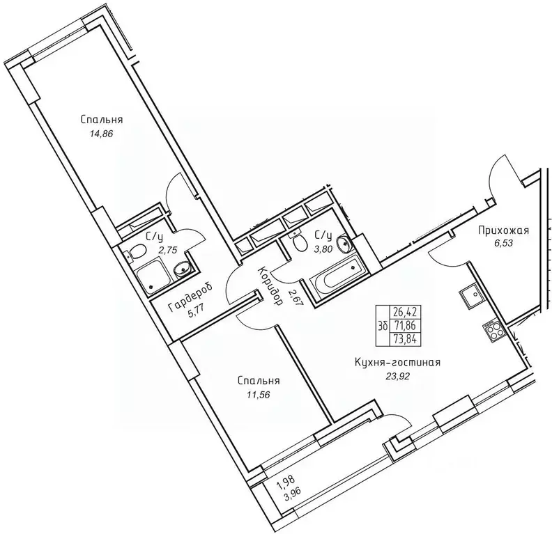 3-к кв. Саха (Якутия), Якутск 11-й кв-л,  (73.84 м) - Фото 1