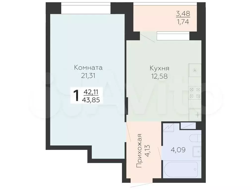 1-к. квартира, 43,9 м, 3/15 эт. - Фото 0