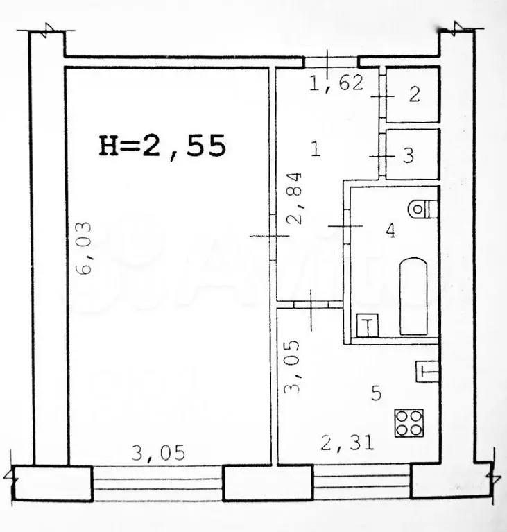 1-к. квартира, 29,7 м, 2/5 эт. - Фото 0