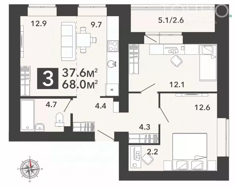 3-к кв. Пензенская область, Пенза ул. Шмидта, с6 (68.0 м) - Фото 1