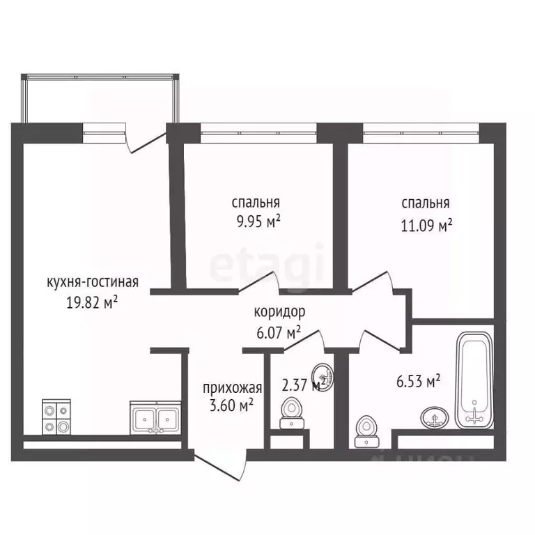 2-к кв. Тюменская область, Тюмень Профсоюзная ул., 6к1 (60.9 м) - Фото 1
