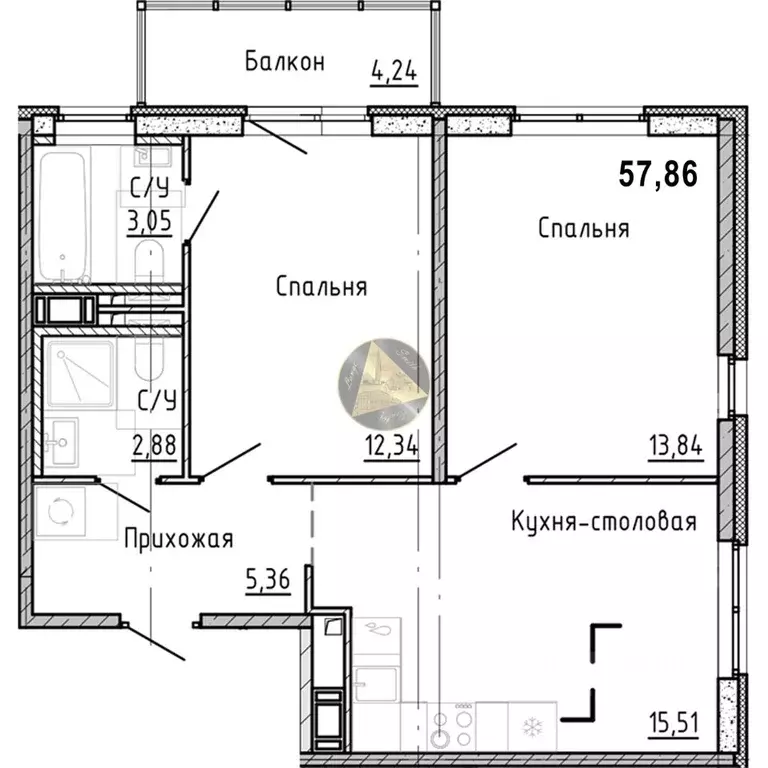 2-к кв. Санкт-Петербург наб. Реки Каменки, 3к3 (57.86 м) - Фото 2