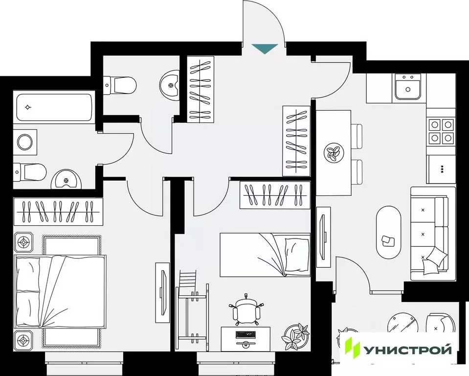 2-к кв. Татарстан, Казань 38-й кв-л,  (55.96 м) - Фото 1