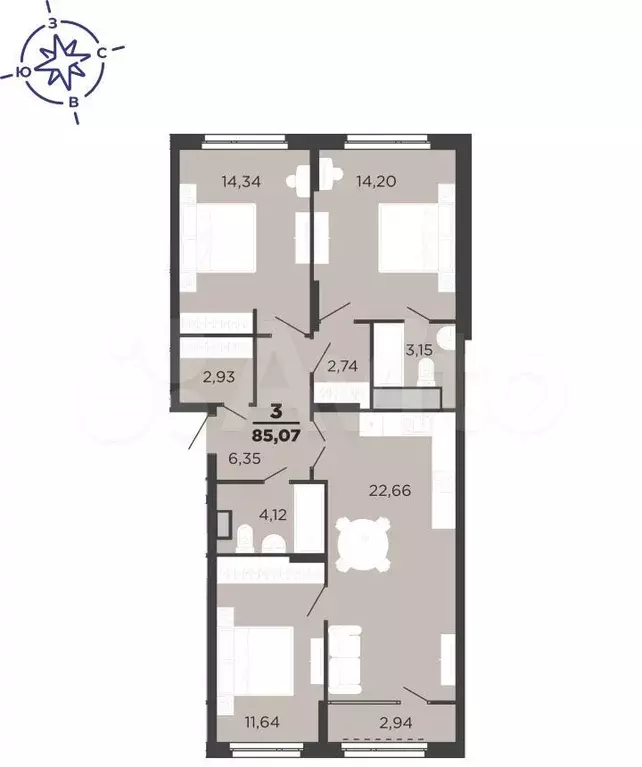 3-к. квартира, 83,6 м, 19/22 эт. - Фото 1