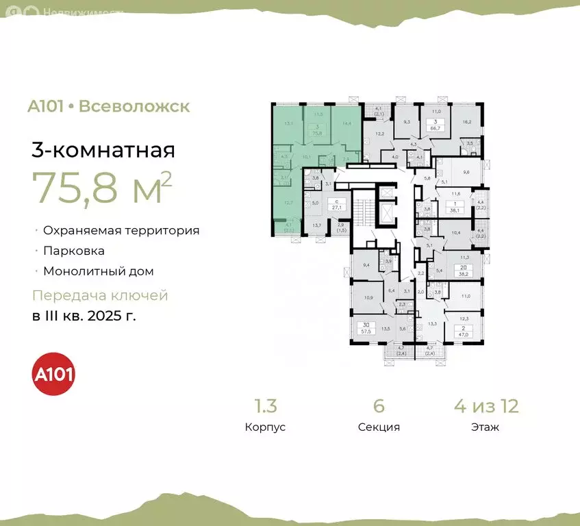 3-комнатная квартира: Всеволожск, микрорайон Южный, 1.3 (75.8 м) - Фото 1