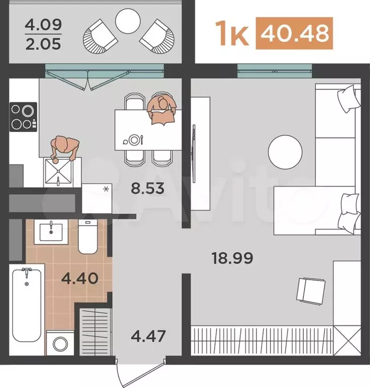 1-к. квартира, 40,5 м, 8/10 эт. - Фото 0
