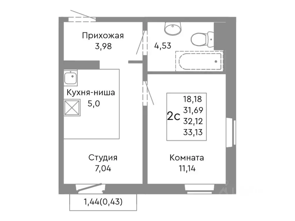 2-к кв. Челябинская область, Челябинск ул. Танкистов, 175 (32.12 м) - Фото 1