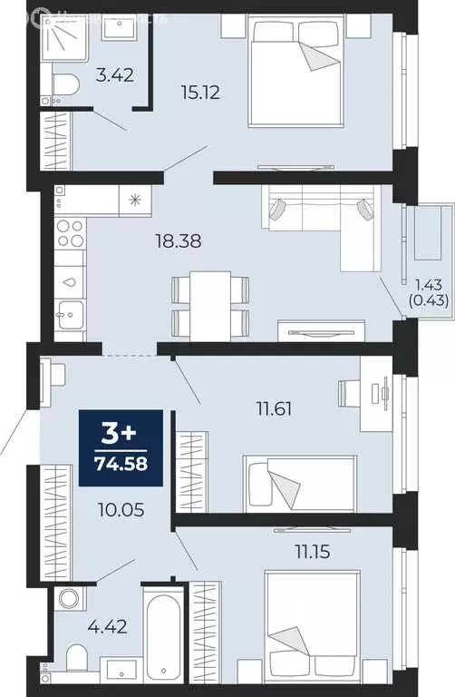 3-комнатная квартира: Тюмень, Арктическая улица, 6 (75.15 м) - Фото 0