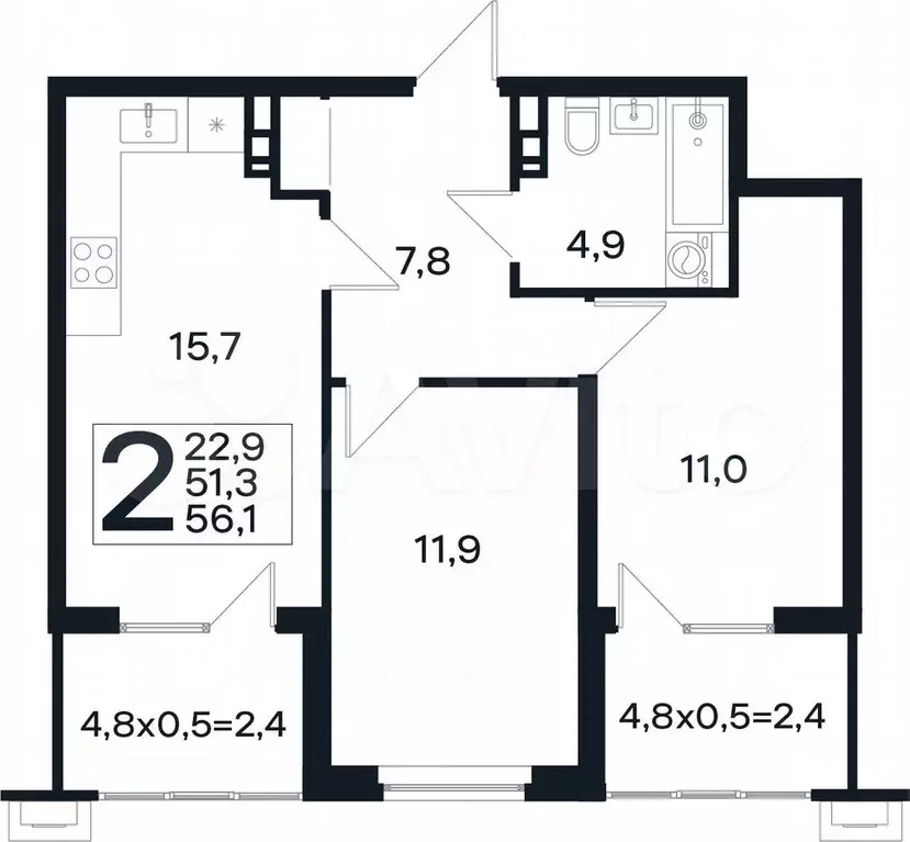 2-к. квартира, 56,1 м, 4/4 эт. - Фото 0