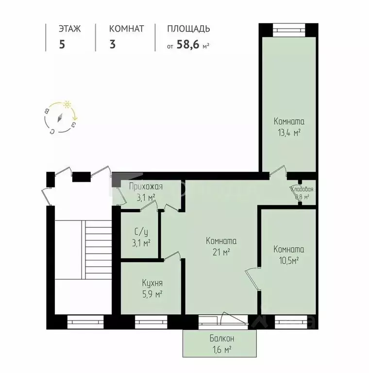 3-к кв. Новосибирская область, Новосибирск ул. Объединения, 54 (58.6 ... - Фото 2