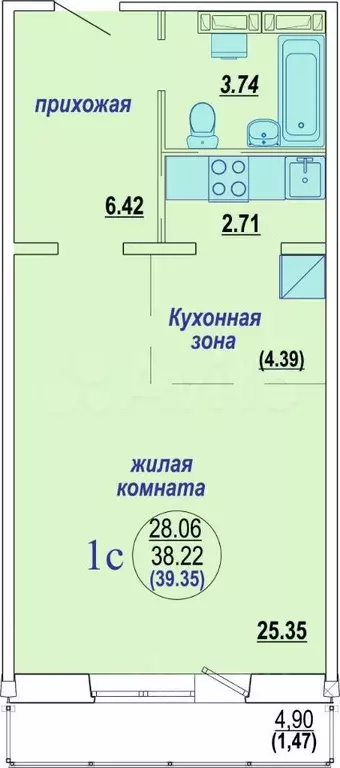 Квартира-студия, 38,5 м, 4/10 эт. - Фото 0