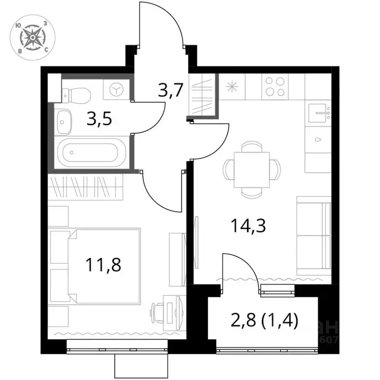 Квартира, 1 комната, 34.7 м - Фото 2