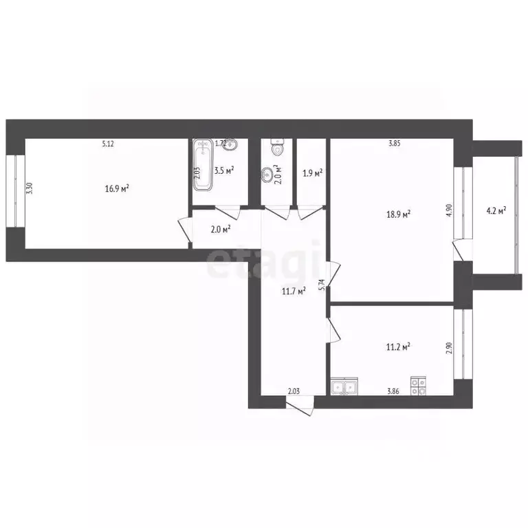 2-к кв. Тюменская область, Тюмень ул. Газовиков, 53к1 (69.0 м) - Фото 2