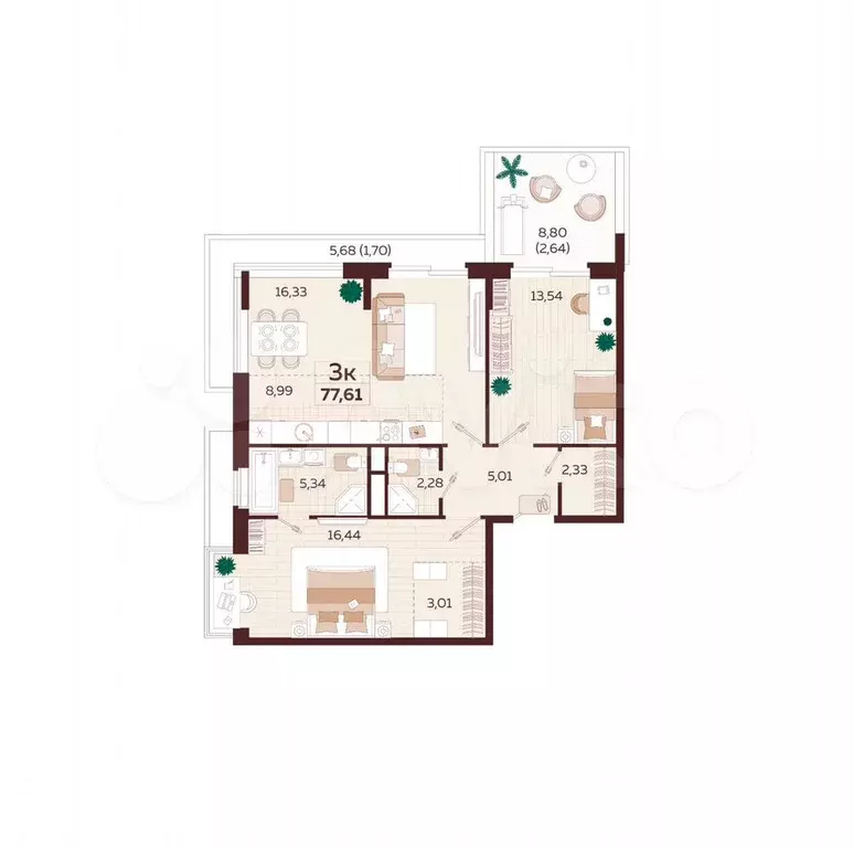 3-к. квартира, 77,6 м, 6/6 эт. - Фото 0
