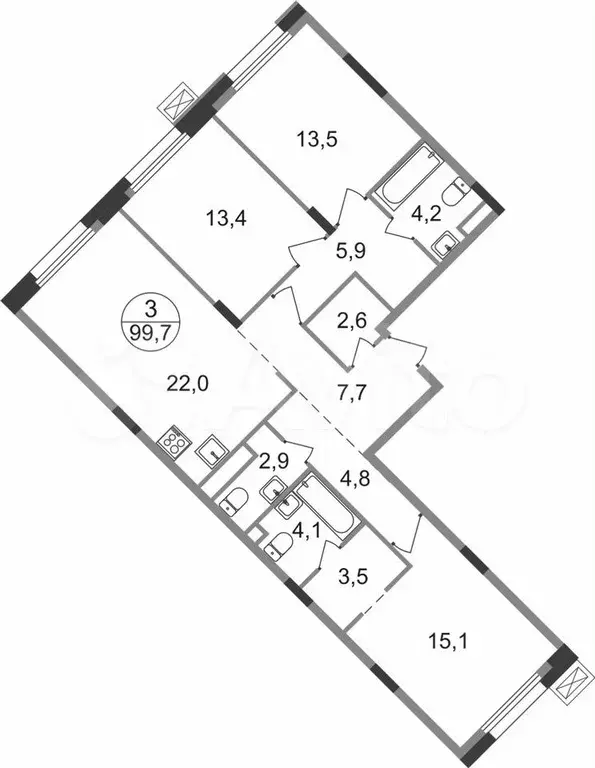 3-к. квартира, 99,7 м, 7/9 эт. - Фото 0