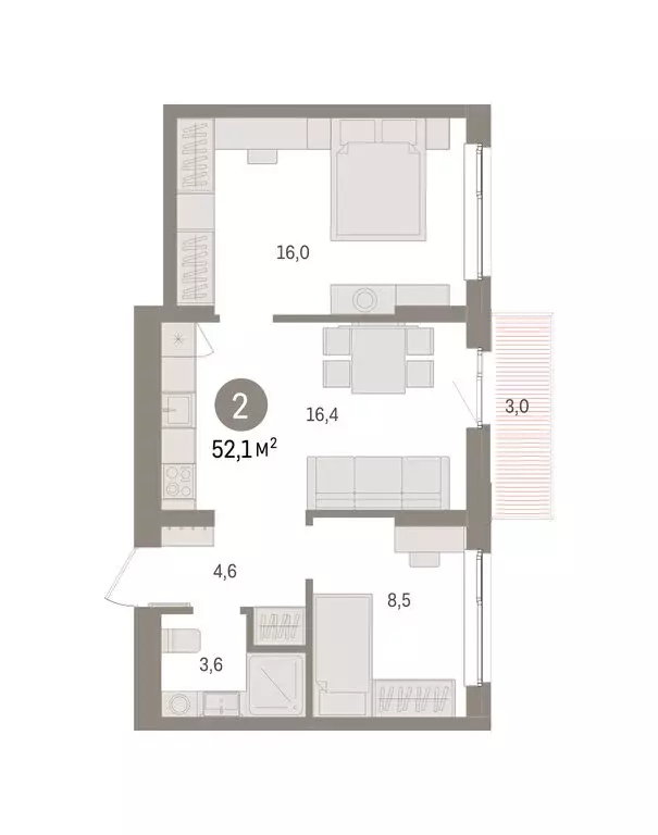 2-комнатная квартира: Пермь, улица Солдатова (52.08 м) - Фото 2