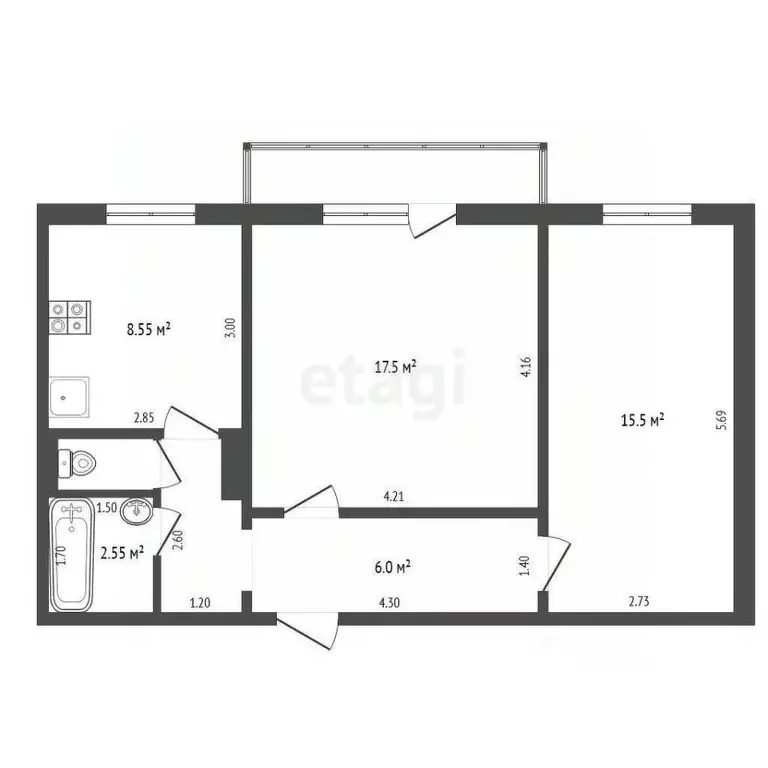 2-к кв. Кемеровская область, Инской пгт ул. Ильича, 47 (54.2 м) - Фото 0