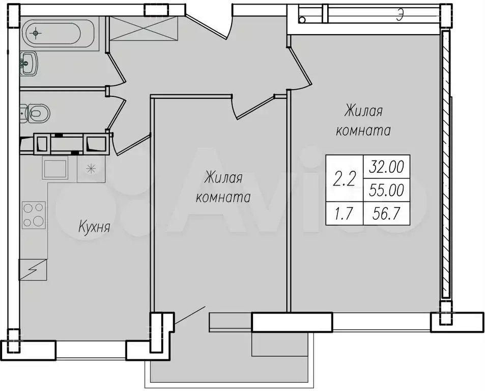 2-к. квартира, 56,7 м, 8/10 эт. - Фото 1