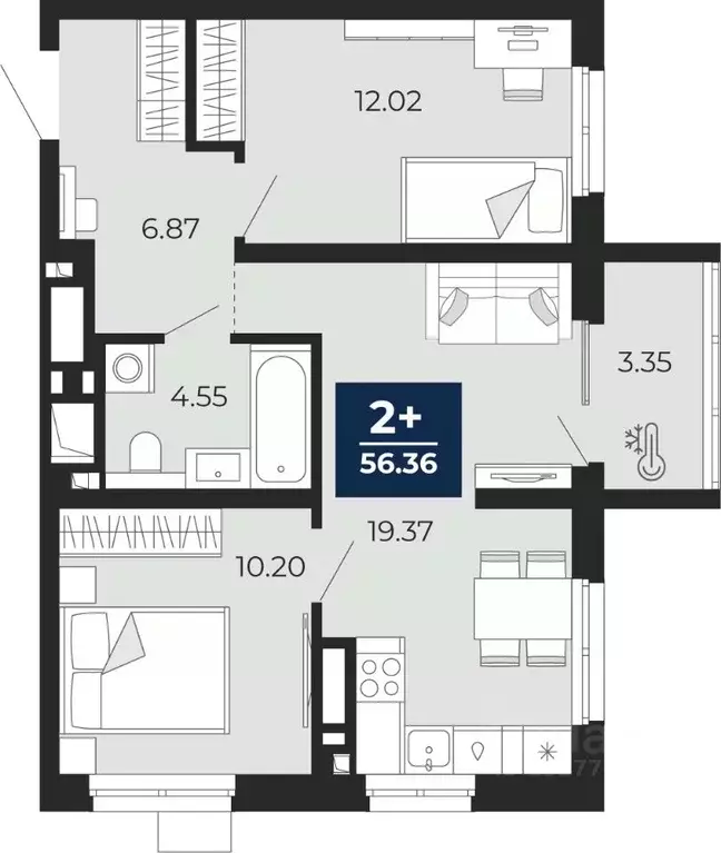 2-к кв. Тюменская область, Тюмень Беринг жилой комплекс (54.68 м) - Фото 1