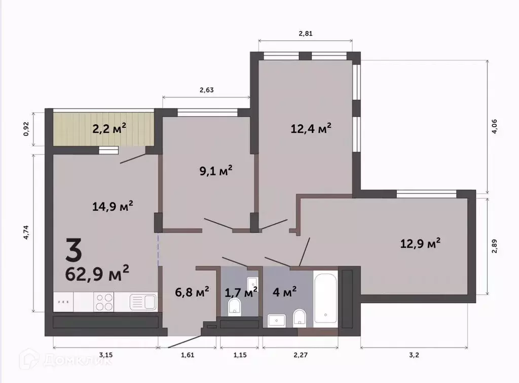 Продаётся 3-к квартира, 62.9 м - Фото 0